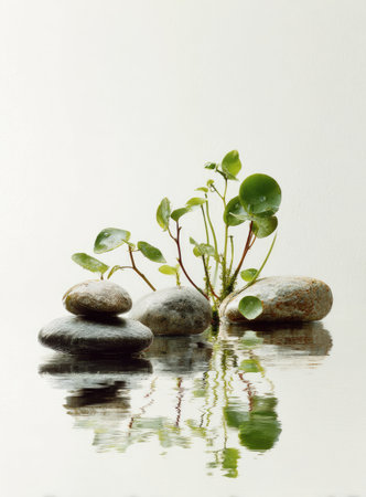 An elegant composition features smooth stones and vibrant green plants reflecting in calm water. The image exhibits soft lighting, enhancing the texture of the elements against a white background. The style leans towards minimalist, suggesting potential use in design, wellness, or environmental themes.の素材