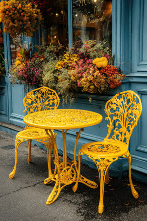 A yellow cafe table and chairs sit in front of a window box overflowing with colorful flowers. The scene showcases an outdoor cafe setup with bright yellow furniture against a backdrop of flowers and a teal window frame. This image could be used for commercial or editorial purposes related to cafe culture or lifestyle.の素材