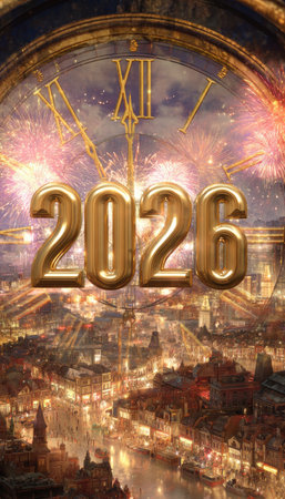 The image presents the year 2026 in golden numerals against a backdrop of a cityscape. A large clock and fireworks frame the central numbers. The overall style suggests a celebratory theme, perhaps for events. It could be used for various visual projects, including design, illustration, or commercial purposes.の素材