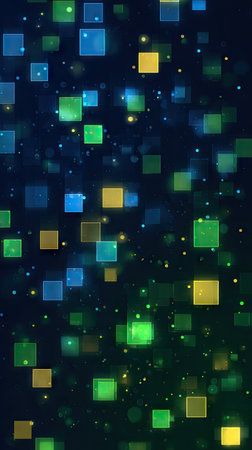 An abstract composition features numerous colorful squares and glowing particles. The image showcases a dark background with vibrant green, blue, and yellow squares. The composition is dynamic with a sense of movement and visual interest. It is suitable for various creative projects and design applications.の素材