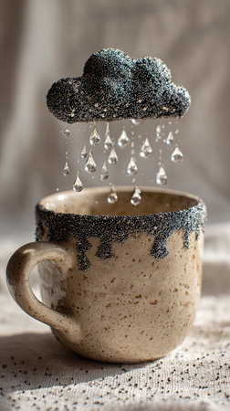 A handmade stoneware mug features a unique design with a matching cloud element emitting water droplets. The image showcases a close-up perspective with soft textures, warm tones, and focused lighting. Suitable for creative projects, this photograph could be used in editorial and marketing campaigns.の素材