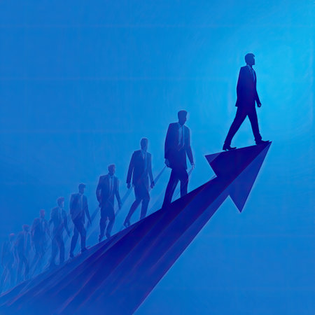 This image depicts silhouetted business people ascending an upward-pointing arrow against a gradient blue backdrop. The figures, clad in business attire, represent progress. This conceptual illustration uses a clean, graphic style and could be used for marketing, advertising, or illustrating company growth.の素材