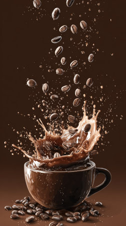 A captivating image showcasing a cup of coffee with an explosive splash. Roasted coffee beans are suspended in the air. The composition features a warm color palette. Itの素材