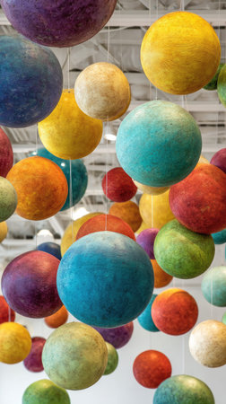 An array of spherical objects in various bright colors floats against a light background. The textures appear soft, suggesting a fabric or flocked surface. The composition is an overhead view, emphasizing a pattern-like arrangement. It would be suitable for decorative applications, graphic design elements, or artistic editorial uses.の素材