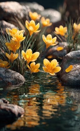 A close-up showcases bright yellow crocus flowers emerging near water with blurred reflections. The natural scene features textured rocks, green grass, and a soft focus effect. Sunlight illuminates the scene, suggesting an outdoor setting. This image is suitable for various editorial and commercial projects.の素材