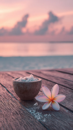 A wooden bowl filled with salt sits on a wooden surface alongside a delicate flower. The composition, lit by soft sunlight, presents a serene atmosphere. The background features a blurred seascape and sunset. This image could be used for wellness, spa, or natural product promotions.の素材