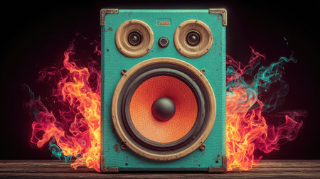 A teal speaker, centrally positioned, is engulfed by stylized flames. The speaker features multiple circular components, with a prominent orange center. The background is dark, enhancing the contrast and visual impact of the flames. The composition suggests potential uses in advertising or artistic projects.の素材