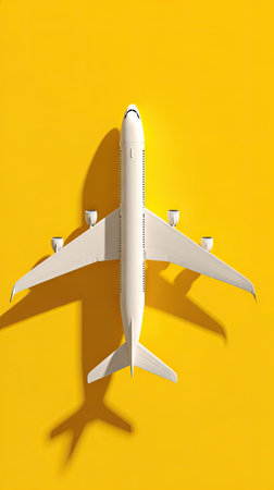 A white airplane model is centered against a solid yellow backdrop. The overhead shot reveals the plane's wings, fuselage, and tail, with a shadow cast below. The bright colors and clean lines offer a modern aesthetic. This image could be used for travel or aviation concepts.の素材