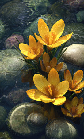 A close-up image showcases several bright yellow crocus flowers emerging from a bed of smooth, rounded river stones. The composition features a shallow depth of field, emphasizing the textured petals. The lighting appears natural, suggesting an outdoor setting, possibly near a stream. Suitable for use in editorial and commercial projects.の素材