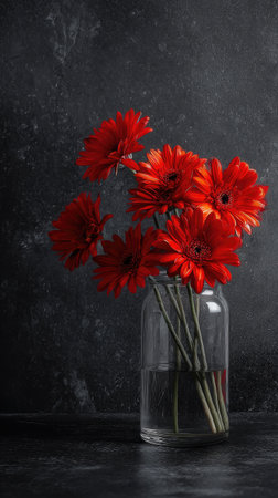 A bouquet of bright red gerbera daisies stands in a clear glass vase. The flowers are set against a dark, textured backdrop, emphasizing the vibrant red petals. The composition is simple and elegant, with soft lighting. This image is suitable for various commercial applications, including advertising and design.の素材