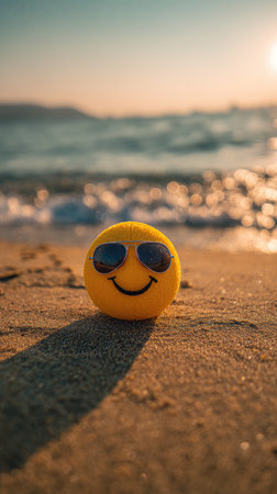 A close-up photograph features a yellow smiley face character wearing sunglasses resting on a sandy beach. The composition includes ocean waves and a sunset in the background, with warm lighting. This image could be suitable for various commercial applications, conveying themes of happiness and vacations.の素材
