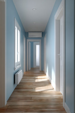 An interior hallway features blue walls, a wooden floor, and bright natural lighting. The perspective draws the viewer towards an open doorway. This composition is well-suited for architectural, design, or real estate related media. It could be used for various commercial projects and editorial content.の素材