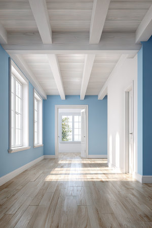 An interior scene showcases a bright, airy room with blue walls and a wooden floor. White beams and ceiling panels contrast with the walls and flooring. Sunlight streams through windows, illuminating the space. Suitable for use in architectural, design, or commercial projects.の素材