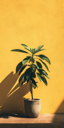 A small plant with green leaves sits in a grey pot against a vibrant yellow wall. The scene, captured in natural sunlight, shows the plant casting a shadow. The image could be used for visual representation of nature, home decor, or eco-friendly themes.の素材
