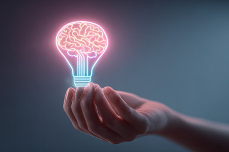 A human hand gently cradles a luminous lightbulb illustration, with a brain-shaped design. The artwork features bright neon colors against a dark backdrop, creating a contrast. The image depicts a concept of ideas. It may be suitable for various commercial and conceptual projects.の素材