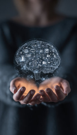 This image features hands cradling a glowing brain illustration, conveying concepts of intellect. The digital art style and composition present a modern aesthetic. The lighting highlights the central element against a dark background. This image could be used for various commercial and editorial purposes.の素材