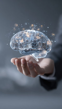 An individual's hand cradles a translucent, illuminated brain model, showcasing conceptual innovation. The image features a soft, diffused light, with a cool color palette. The style suggests a modern, technological approach. Suitable for projects related to artificial intelligence, healthcare, or creative design, this visual could be utilized in a variety of ways.の素材