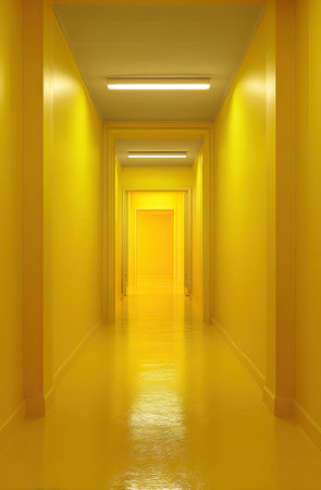 A long, enclosed corridor is depicted, dominated by a vivid yellow hue. The walls, floor, and ceiling are uniformly colored, creating a sense of depth and perspective. Overhead fluorescent lights illuminate the space. Suitable for architectural concepts or use in design projects, this image offers a striking visual.の素材
