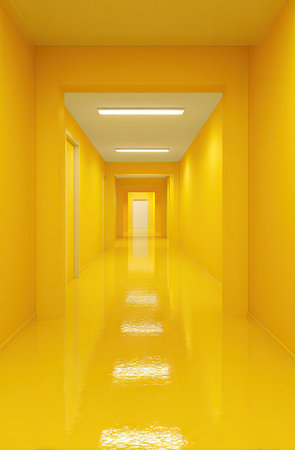A long, vibrant yellow corridor is presented with a receding perspective. The walls and floor exhibit a glossy surface, reflecting the bright overhead lighting. This interior space is devoid of people. The image is well-suited for design, architectural, or conceptual illustrations.の素材