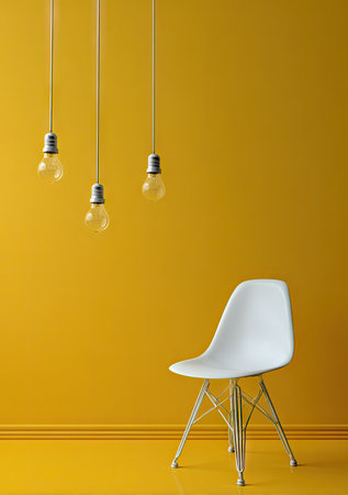 A modern interior scene showcases a white chair set against a vibrant yellow wall and floor. Three light bulbs hang from the ceiling, casting subtle illumination. The composition employs clean lines and a simple aesthetic. This image is suitable for various commercial uses related to design, architecture, or lifestyle.の素材