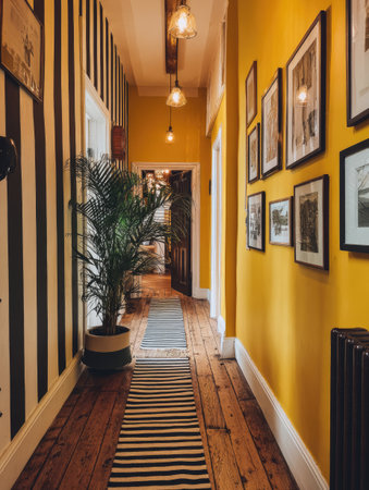 An interior hallway features bright yellow walls contrasted by a black and white striped floor runner and wall. The wooden floor reflects soft light from overhead fixtures. A potted plant adds a natural element. This image may be suitable for architectural, design, or lifestyle publications.の素材