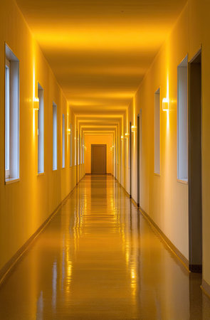 An interior shot depicts a long corridor with a series of doors and windows. The space is bathed in warm yellow light, creating a sense of depth. The composition features a symmetrical perspective. This image could be suitable for architectural projects, background visuals, or design concepts.の素材
