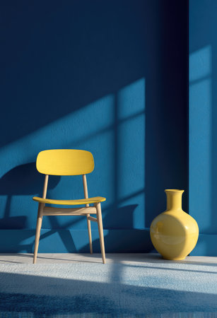 A stylish interior composition displays a yellow chair and vase against a deep blue wall. The scene is bathed in sunlight, with dramatic shadows adding depth. The composition evokes a sense of modern design. This image is suitable for various commercial purposes, including home decor and design projects.の素材