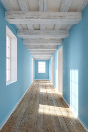 A long hallway interior features blue walls and a wooden floor, creating a spacious perspective. Sunlight streams through windows on the left. Overhead, white beams support the ceiling, adding a classic element. Suitable for various commercial applications, the clean lines and natural lighting offer versatile use.の素材
