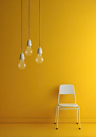 This image presents a minimalist interior featuring a yellow wall and floor. Three light bulbs hang from the ceiling, casting soft illumination. A white chair stands in the foreground, complementing the bright, warm color palette. The composition may be suitable for advertising, design projects, or editorial content.の素材