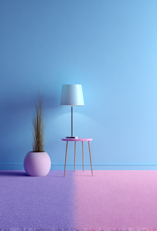 A minimalist interior scene showcases a lamp atop a small table, complemented by a potted plant. The backdrop features a two-tone wall, and the floor displays a contrasting color scheme. Soft lighting accentuates the objects, suggesting a modern, clean environment suitable for various commercial or editorial applications.の素材