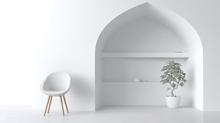 A contemporary interior scene showcases a white chair, a potted plant, and an arched alcove with shelves against a pristine white backdrop. The image features clean lines, soft lighting, and a minimalist design style. This versatile visual is suitable for various commercial applications, including interior design concepts and lifestyle projects.の素材