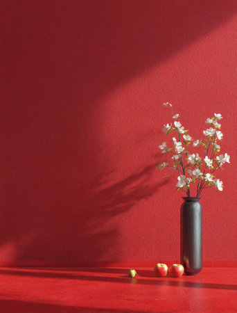 A black vase displays a delicate floral arrangement set against a vibrant red backdrop, complemented by scattered apples. This composition features a contrasting color palette, combining the stark black of the vase and the white of the flowers. Its minimalist style and clean lines provide a setting suitable for various editorial and commercial applications.の素材