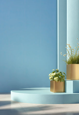 A minimalist composition showcases plants placed on a stage with a soft blue backdrop. The image features a bright and clean aesthetic, enhanced by good lighting, emphasizing the geometric structure. The scene is suitable for product display or visual storytelling, offering potential for commercial applications.の素材