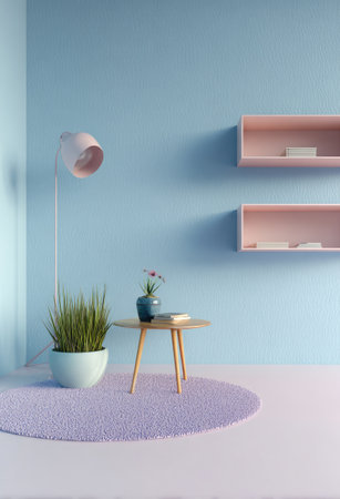 This image presents a modern interior with a light blue wall and soft pink accents. The scene includes a round rug, a small wooden table, a lamp, and shelves, all set against a monochromatic backdrop. The soft lighting and color palette suggest a calm and inviting atmosphere, suitable for various design projects and visual content.の素材