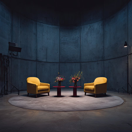 Two yellow armchairs face each other with small tables holding floral arrangements. The setting is within a circular room of grey concrete. Natural light is available to illuminate the scene, which is framed with architectural details. The image is suitable for commercial use such as design or advertising.の素材