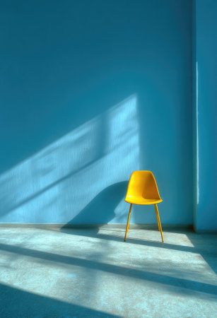 A vibrant yellow chair is positioned against a striking blue wall, bathed in dramatic sunlight. The image showcases a minimalist style with a focus on color and shadow. The composition suggests a modern interior setting, potentially suitable for design, advertising, or conceptual projects.の素材