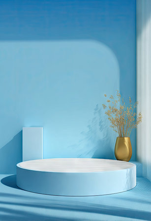 This image showcases a minimalist product display platform in a serene blue setting. A cylindrical pedestal and a rectangular block are bathed in natural light. A golden vase with dried flowers adds a touch of contrast against the blue walls. This setup is ideal for showcasing products in various commercial contexts.の素材