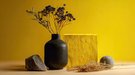 A dark vase holds a dried floral arrangement set before a vibrant yellow backdrop. The scene includes a textured yellow block, stone elements, and dried grass. The composition suggests a studio environment, employing a modern, minimalist style suitable for diverse commercial applications.の素材