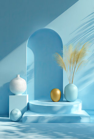 A minimalist composition presents a light blue archway with a podium. A vase with decorative grass and other vases and objects are on display in a studio environment. The scene features an overhead perspective and bright, diffused light. It is suitable for diverse commercial and editorial projects.の素材
