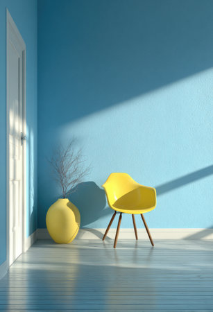 This image showcases a minimalist interior featuring a bright yellow chair and vase, set against a vibrant blue wall. The scene is illuminated by sunlight, creating long shadows and highlighting the textures of the objects. This composition could be suitable for various commercial or editorial purposes, such as illustrating home decor or design concepts.の素材