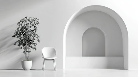 An interior scene presents a minimalist design with a plant, a chair, and archways. The monochromatic color palette of white and gray creates a serene and modern atmosphere. The composition utilizes shadow and light to highlight textures and forms, suitable for architectural visualization and design concepts.の素材