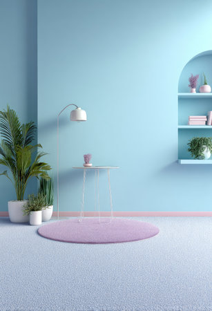 An interior scene features a blue wall and floor, adorned with plants, and a circular pink rug. The composition is simple, with elements like an arched alcove and side table adding visual interest. The sceneの素材