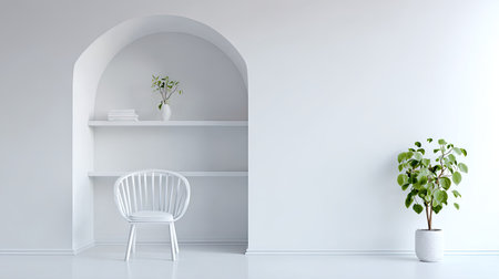 This image showcases a clean, minimalist interior featuring a white chair, shelving and plants. The scene is bathed in natural light, highlighting the simple shapes and textures. This image, with its neutral color palette, is suitable for a variety of uses, from website design to commercial projects.の素材