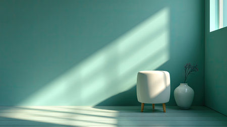 A serene interior scene showcases a small stool and a decorative vase against a teal wall. The scene is bathed in natural light, creating striking shadows and highlighting the textures of the room. This versatile image can be used for various creative projects, including marketing and website design.の素材
