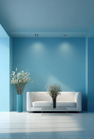 A modern interior showcases a white sofa and glass table against a light blue wall. White flowers in a blue vase and a similar smaller vase add color. The space is brightly lit, suggesting a clean, minimalist aesthetic suitable for various design or lifestyle publications.の素材