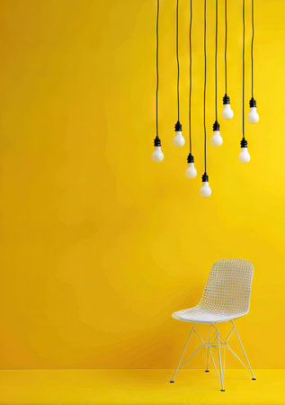 Nine light bulbs hang from the ceiling, casting illumination on a vibrant yellow wall and matching floor. A single white chair stands in the foreground. The scene features a minimalist style, with the light bulbs and the chair creating a visually appealing composition suitable for various design projects.の素材