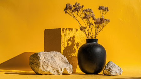A striking composition features a black vase holding dried flowers, set against a vibrant yellow backdrop. The scene includes textured rocks and a geometric block, creating a modern, graphic arrangement. The lighting casts dramatic shadows, highlighting the forms. Suitable for use in design projects or editorial content.の素材
