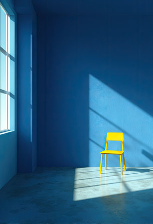 A single yellow chair sits in a modern, blue-walled room bathed in sunlight. Geometric shadows and light patterns play across the walls and floor, enhancing the minimalist composition. The scene showcases a stark contrast between color and shadow, suitable for various design, advertising, and editorial uses.の素材