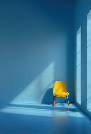 A vibrant yellow chair stands in the corner of a room painted in various shades of blue. Sunlight streams through a window, casting shadows across the walls and floor. The composition emphasizes clean lines and the interplay of light and color, suitable for diverse commercial and editorial projects.の素材