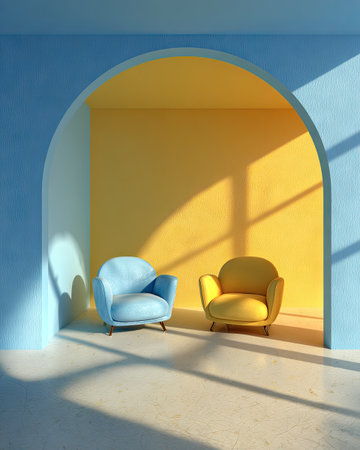 Two armchairs sit within an arched architectural space, bathed in sunlight. The scene features a vivid color palette of blue and yellow, with the chairs echoing the wall hues. The composition uses shadow play for depth, hinting at a modern design aesthetic that could be used for lifestyle or design publications.の素材